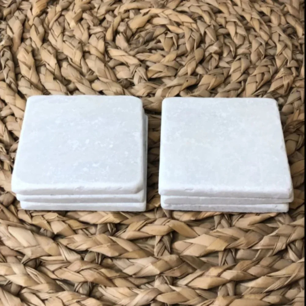 6 Natural White Stone COASTERS w/ Grey Marbling Full Set Boho Cottagecore